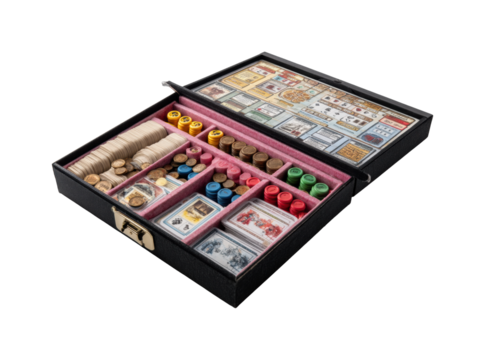 Board game collection display home top view fun, isolated on transparent background, png