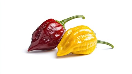 Two vibrant scotch bonnet peppers, one red and one yellow, on a white background