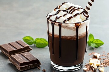 Decadent Chocolate Drink with Whipped Cream, Drizzled Sauce, and Mint Leaves