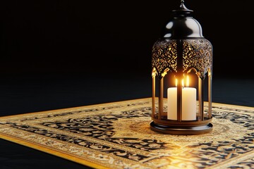 Ornate Lantern Illuminating Prayer Rug, Ramadan Decor
