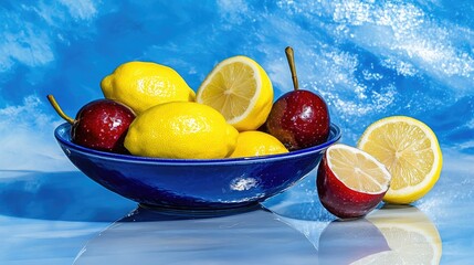 Vibrant Still Life of Lemons, Plums, and a Blue Bowl