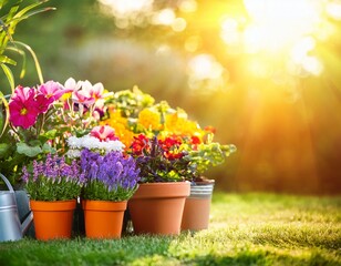 sunny spring summer garden flower pots gardening background