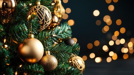 Festive Christmas Tree with Golden Ornaments and Bokeh Lights, Dark Background