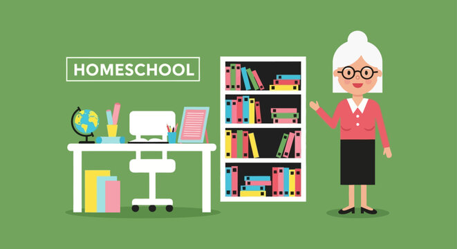 Homeschool classroom with cheerful teacher by bookshelf, creating a welcoming home learning environment for educational resources, personalized learning, and parent involvement