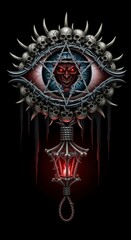 Fototapeta premium A dark, stylized illustration featuring an eye surrounded by skulls, symbols, and a lantern, evoking themes of mystery and the macabre.