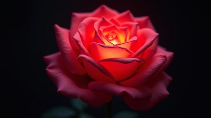 Radiant red rose in impressionist style, neon contours and blended reds on petals, glowing against black background as elegant and luminous focal point