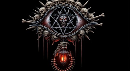 A dark, intricate design featuring skulls, a pentagram, and a lantern, evoking a sense of mystery and the macabre.