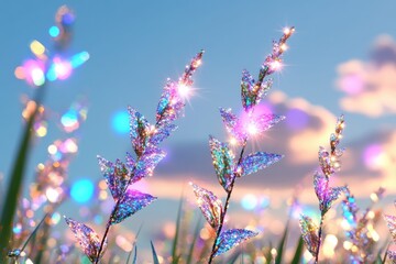 Iridescent Leaf Sprigs Sparkle Against a Pastel Sky, Bokeh Lights Dance