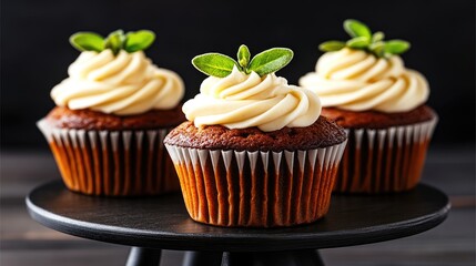 Three Gourmet Cupcakes with Creamy Frosting and Fresh Sage Garnish on Dark Stand