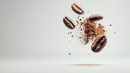 Floating Coffee Beans and Grounds Against a Clean, Minimalist White Background
