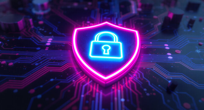 A glowing shield emblem is the focal point on a futuristic circuit board. The shield has a vibrant pink neon outline and contains a bright cyan padlock icon.