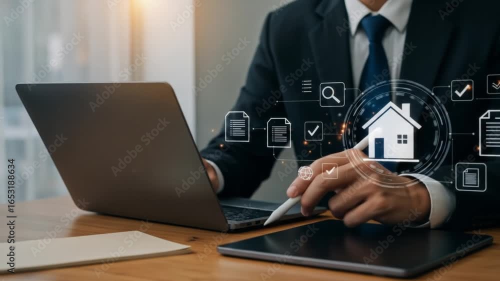 Poster man in suit using laptop and tablet with house icon and document checkmarks overlay on wooden desk s