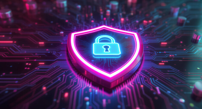 A glowing shield emblem is the focal point on a futuristic circuit board. The shield has a vibrant pink neon outline and contains a bright cyan padlock icon.