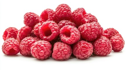 Pile of Fresh Raspberries on White Background, Close-Up Detail