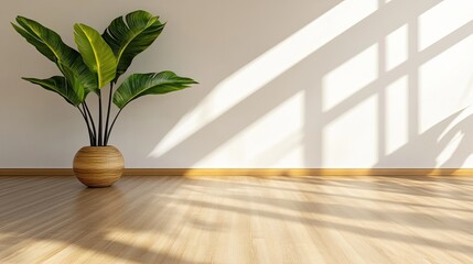 Interior with Banana Plant in Woven Pot and Sunlight Shadows on Wall