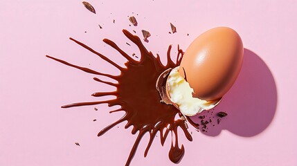 Chocolate Egg Exploding on Pink Surface with Delicious Creamy Filling
