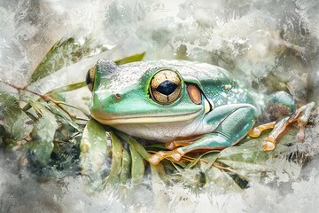 Artistic Green Tree Frog with Detailed Eyes and Leafy Habitat