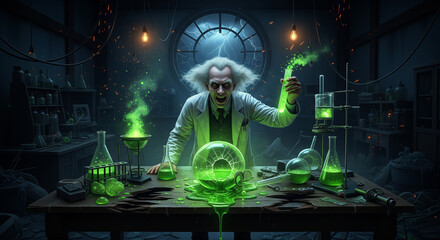 Ultra-realistic mad scientist villain in a ruined laboratory filled with glowing chemicals and broken glass, dramatic lightning flashing through shattered windows at night