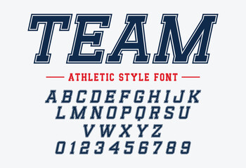 Sports Varsity Wear or University Lettering font. Vintage sport serif font in american style for football, soccer, baseball and basketball. Alphabet and numbers with outline in varsity style