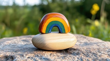Colorful Rainbow Ornament Balanced on a Smooth Stone