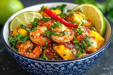 Close-up of a Bowl of Spicy Mango Shrimp Stir-fry