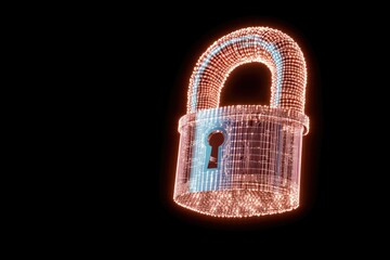 Glowing Digital Padlock: Futuristic Security Concept Against a Black Background