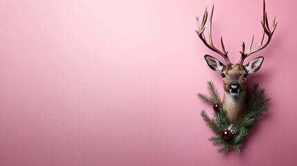 Festive Deer Head with Antlers and Ornaments on Pink Background