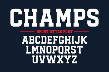 Champs college classic font. Vintage sports font in American style for T-shirt designs for football, baseball, and basketball teams. College, school and varsity style font, tackle twill. Vector