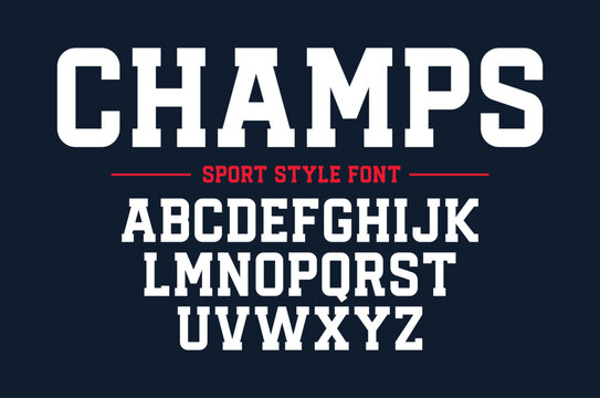 Champs college classic font. Vintage sports font in American style for T-shirt designs for football, baseball, and basketball teams. College, school and varsity style font, tackle twill. Vector