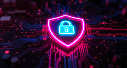 A glowing shield emblem is the focal point on a futuristic circuit board. The shield has a vibrant pink neon outline and contains a bright cyan padlock icon.
