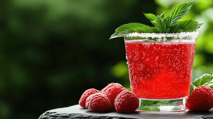 Sparkling Raspberry Drink with Mint Garnish and Fresh Berries