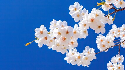 Cherry blossoms against a vibrant blue sky, showcasing delicate white petals and golden centers