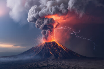 Volcano erupting with lava and ash under a stormy sky