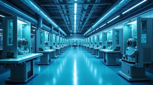 Modern laboratory with centralized AI controlling autonomous robots, sensor networks visible through glass, ambient blue light reflecting precise and sterile environment