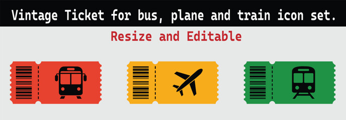 Vintage bus ticket, plane ticket, and train ticket icon set with barcode design, retro style, colorful editable vector travel pass. Travel tickets for transport with barcode.