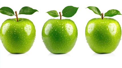 Three Dew-Kissed Green Apples with Leaves