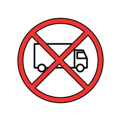 No trucks allowed sign with red prohibitory symbol and black outline on white background. Vector illustration