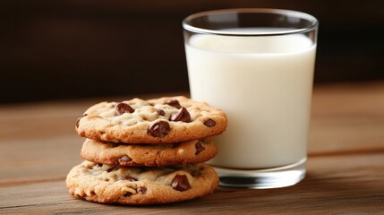 Close-up of Chocolate Chip Cookies and Milk