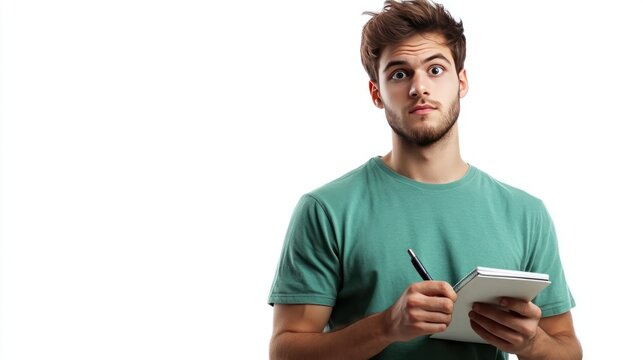 Young man in a green shirt holding a pen and notebook, focused on writing, isolated on a white background. - Powered by Adobe