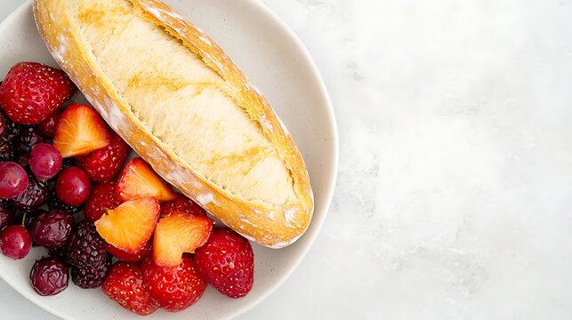 Fresh fruit and crusty bread on a white plate