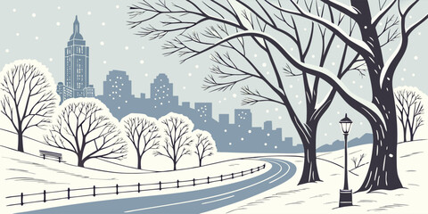 Winter snow scene in NYC, Central Park trees, city skyline background
