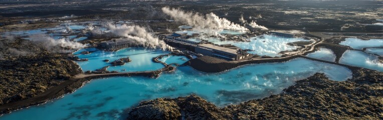 Fototapeta premium Aerial view of a geothermal spa with blue waters, steam rising, surrounded by rocky terrain and panoramic landscapes.