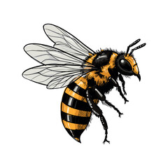Detailed illustration of a bumblebee with transparent wings and striped body. Vector illustration