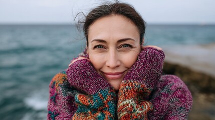 Cozy Woman by the Sea: A woman smiles, bundled in a colorful knit sweater, against a serene ocean backdrop on a breezy day.