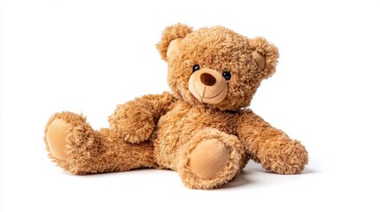 Obraz premium Adorable Brown Teddy Bear Resting on White Background, Smiling and Relaxed