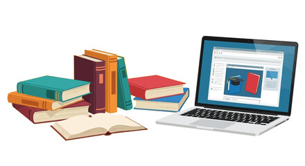 online education with laptop and books illustrating e-learning for students studying at home representing digital resources and traditional learning methods suitable for educational websites.
