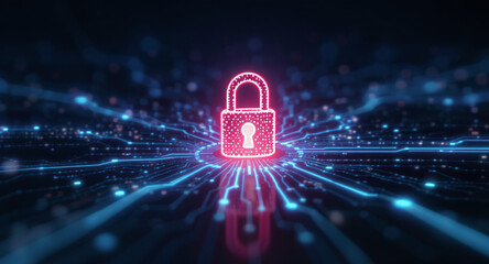 Data protection technology concept: A glowing red padlock serves as a focal point within a dynamic digital landscape of blue illuminated circuit pathways and nodes, representing secure network connect