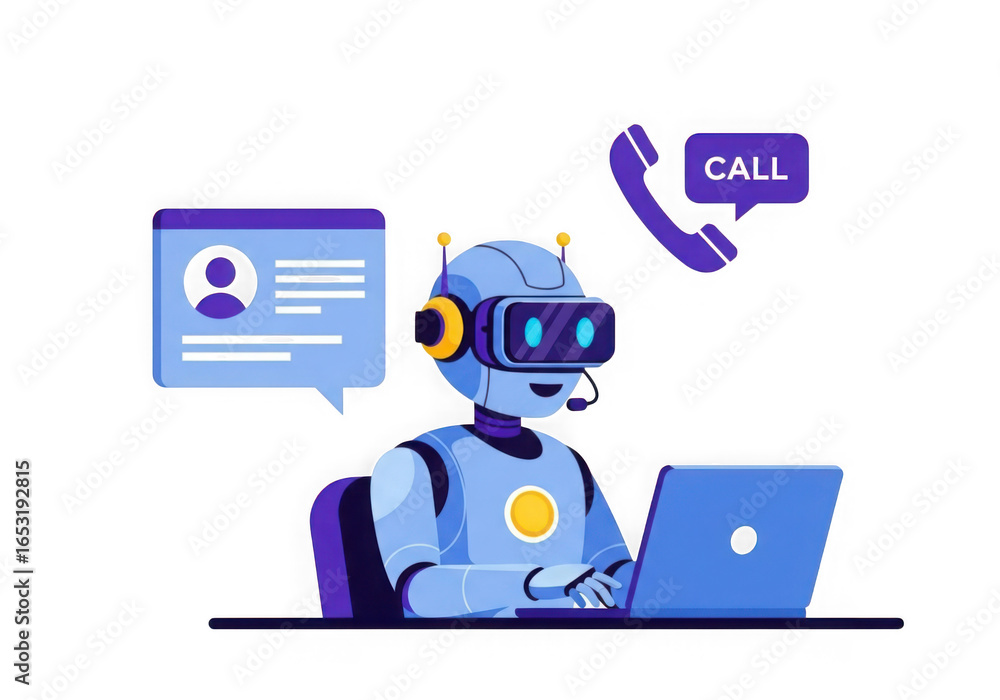 Poster friendly robot customer service representative working on a laptop with communication icons isolated