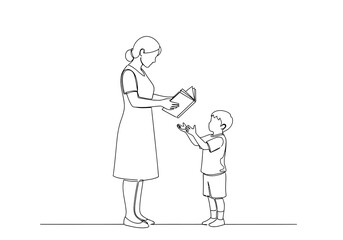 Vector illustration of mother reading a book to her child, isolated on white background