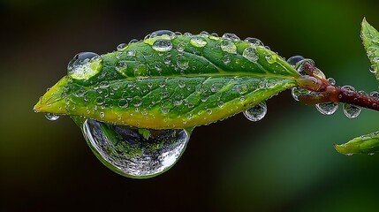 A green leaf with water droplets on it, resting on a branch with a blurred green background.